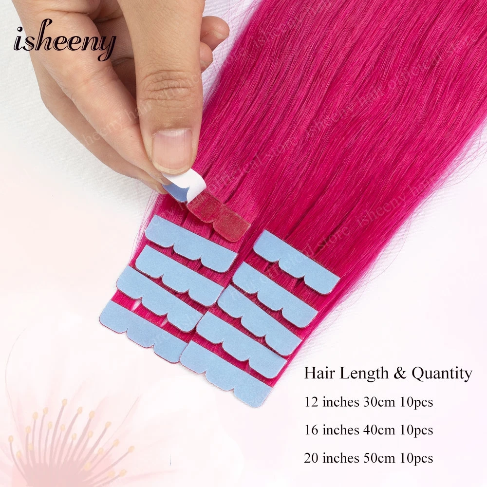 Isheeny 12 "16" 20 "Cinta en extensiones de cabello Cinta adhesiva invisible en la extensión del cabello 10 unids/pack Rosa Púrpura Azul Cabello colorido