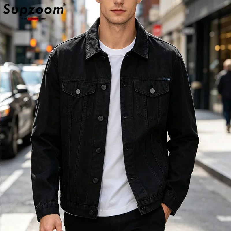 Supzoom New Arrival Top Fashion Men Casual Denim Jeans Single Breasted Cotton Solid Turn-down Collar Short Bomber Jacket