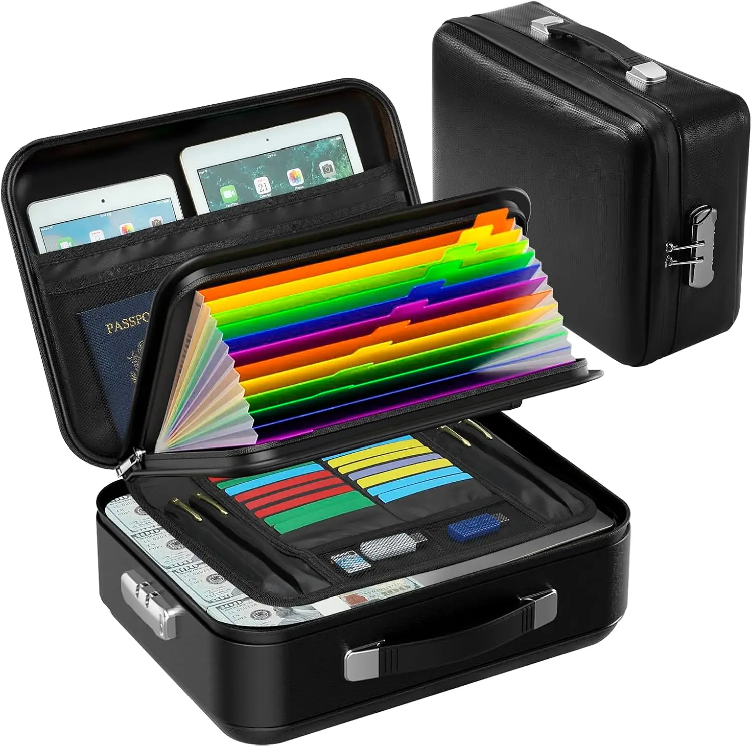 

Fireproof Document Box with Lock, Hard-Shell Case File Organizer with Accordion File Folder, Multi-Layer Portable Home Office