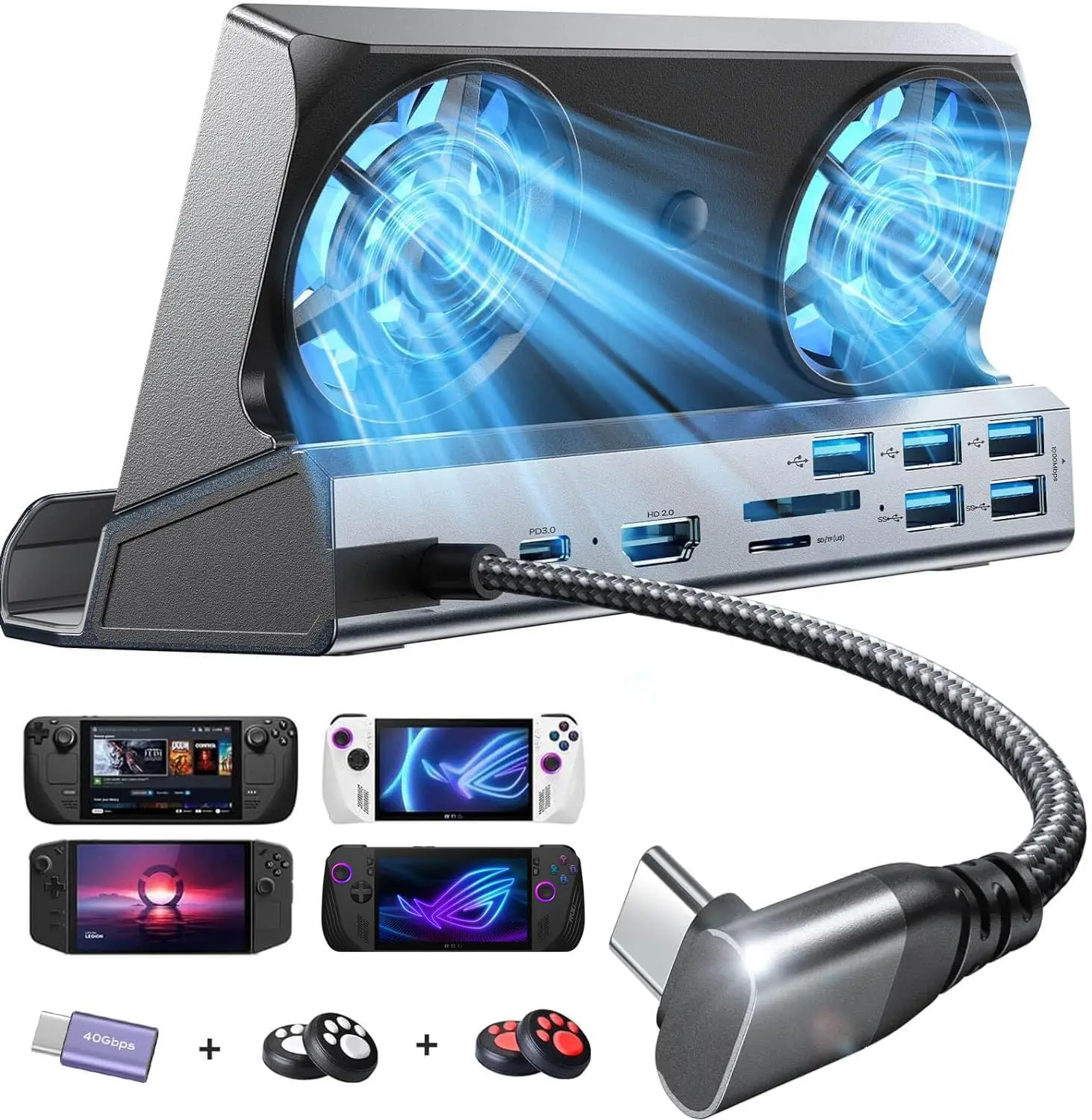 13-IN-1 Docking Station for Steam Deck OLED, Dual Cooling Fan 5 USB Ports and 4K@60Hz, Gigabit Ethernet Fit for Steam Deck OLED