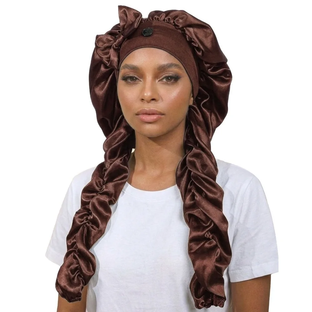 Satin Material Sleep Bonnet Long Curling Ribbons Adjustable Fit Heatless Curl Bonnet Soft Fabric Non-Slip Design
