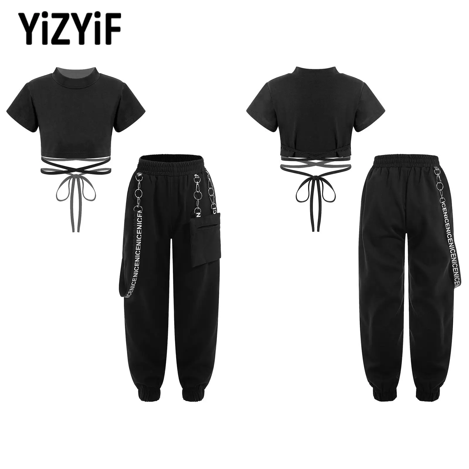 Kids Girls Jazz Hip Hop Dance Outfit Tracksuits Mock Neck Short Sleeve Crop Top with Mid Waist Chain Pants Children Sports Sets