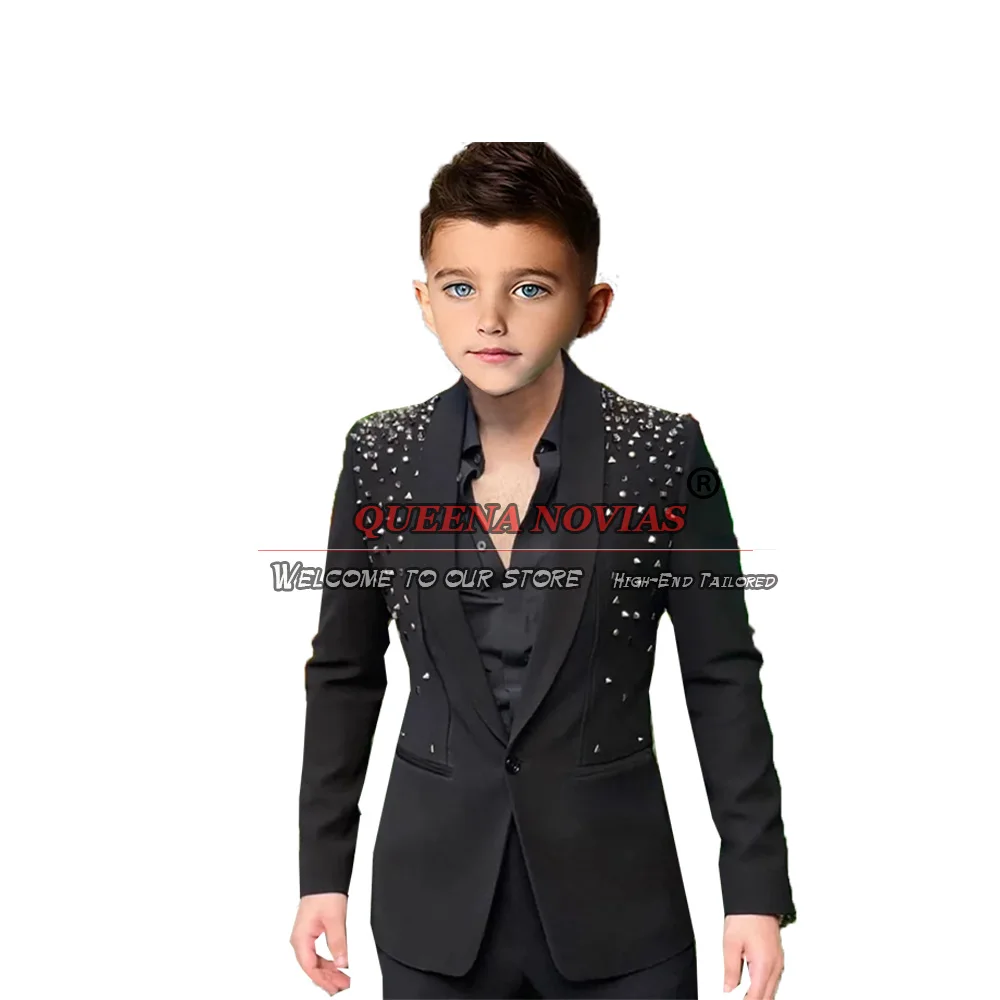 Luxury Kids Wedding Suits Boys' Attire Beaded Jacket Tailor-Made Black 2 Pieces Single Breasted Blazer Pants Children Tuxedo