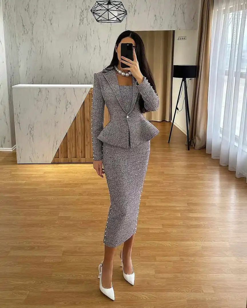 Fashion Women Suit Slimming 2 Piece Blazer Skirt Single Breasted Bead Pearls Street Office Commute Special Occasion Customized