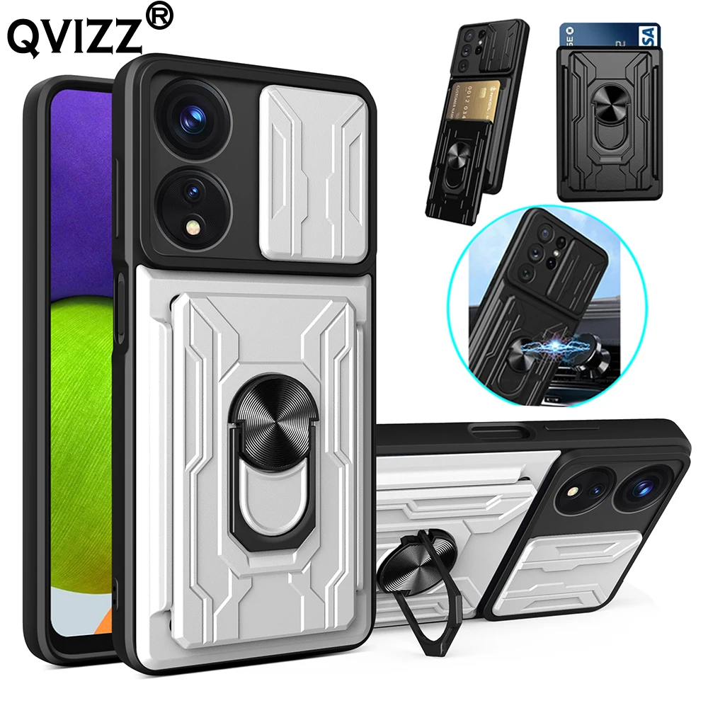 

Slide Camera Case for Oppo A78 A58 Card Slot Pocket Car Magnetic Ring Holder Armor Shockproof Luxury Phone Cover OppoA78 OppoA58