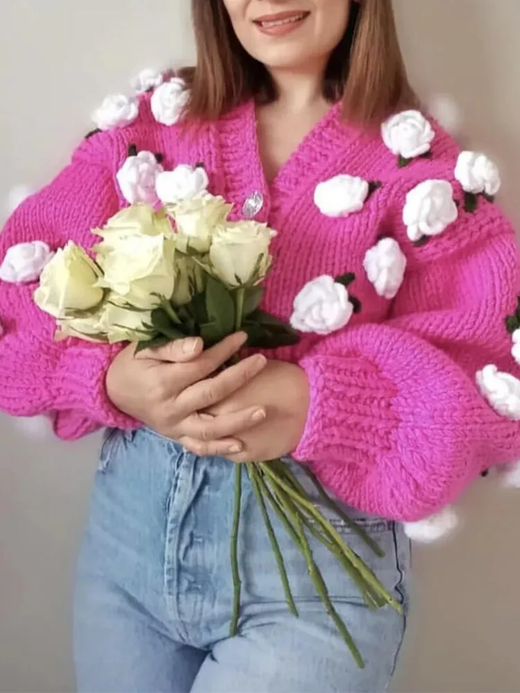 2022 Retro Hand Made Crochet 3D Flower Ball Cardigan Woman V neck Long sleeve Knitting Coarse Sweater Knitwear Jumper