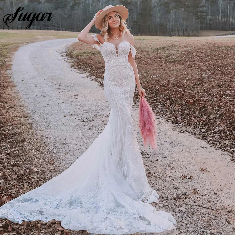 Abiti da sposa con spalle scoperte per la sposa sirena taglia Sexy abito da sposa su misura abito da sposa bianco in pizzo robe de mariée