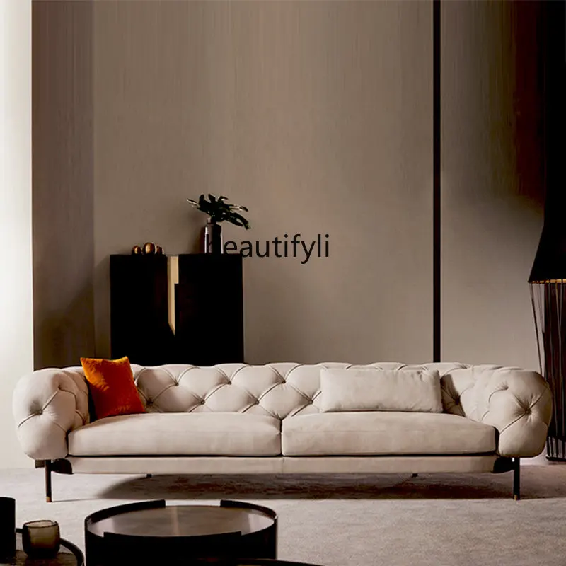 Italian Minimalist Living Room Three-Seat Combination Frosted Leather Sofa Complete Buckle Art Sofa