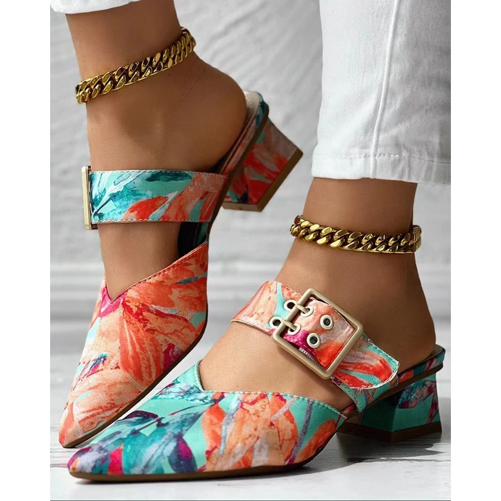 Summer Fashion Women Buckled Strap Point Toe Chunky Heel Mules Korean Style Abstract Print Slippers Sandals Traf