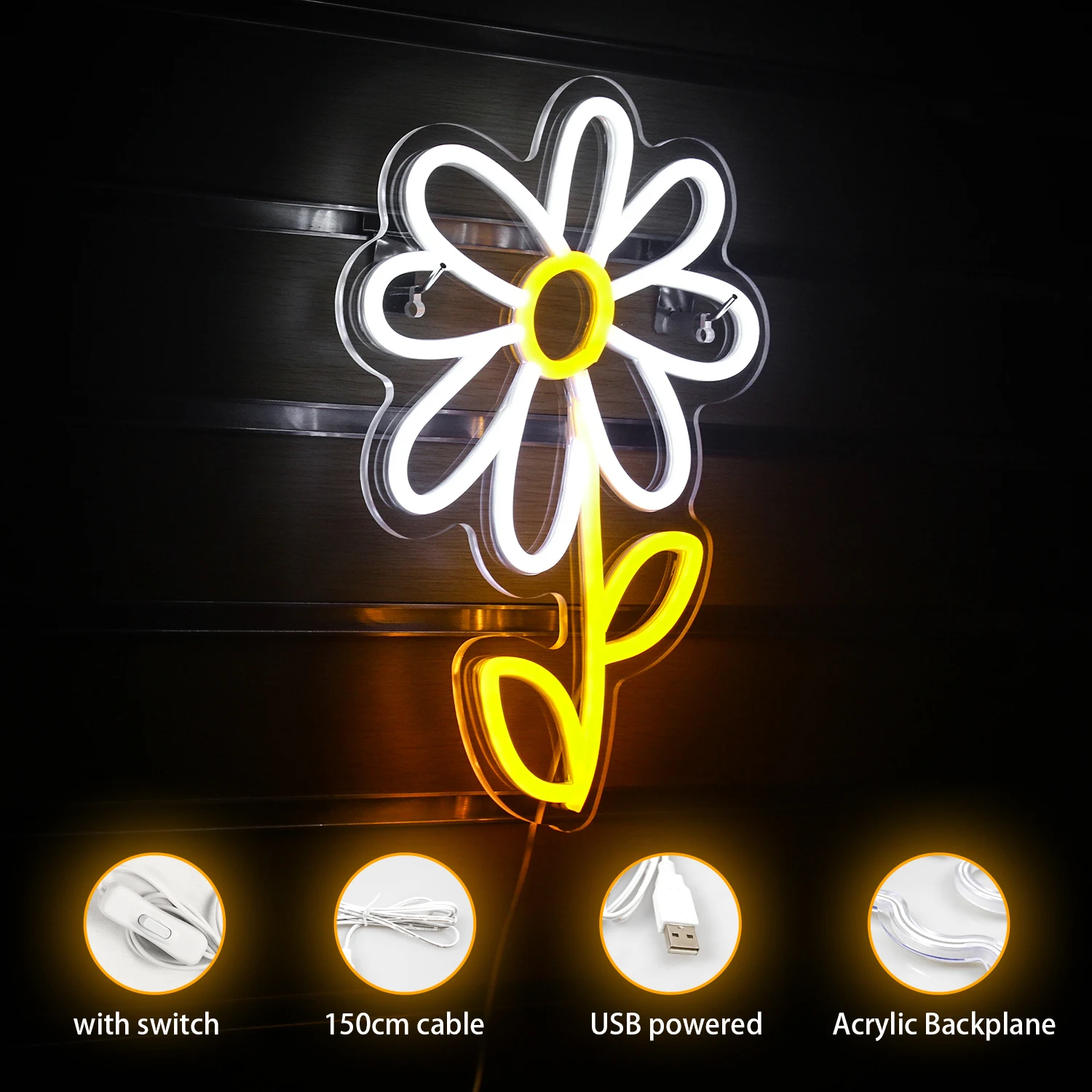 Daisy Neon Led Sign Flower Neon Lights Bedroom Decoration Home Bars Hotel Wall Party Room Decor Logo Acrylic USB Neon Wall Lamp