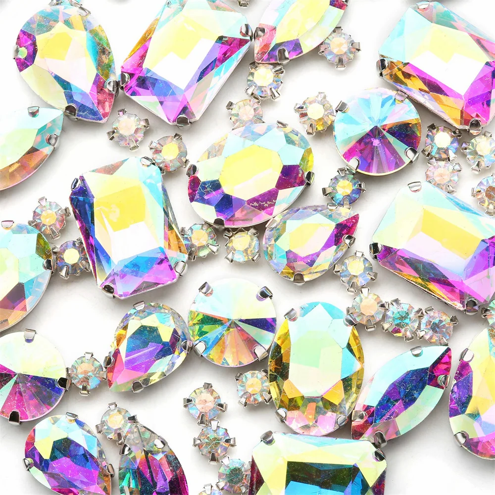 130pcs Mix Color Big Water Drop Glass With Sliver Iron Claw Sew On Stone Strass Metal Base Buckle For Wedding Decoration Clothes