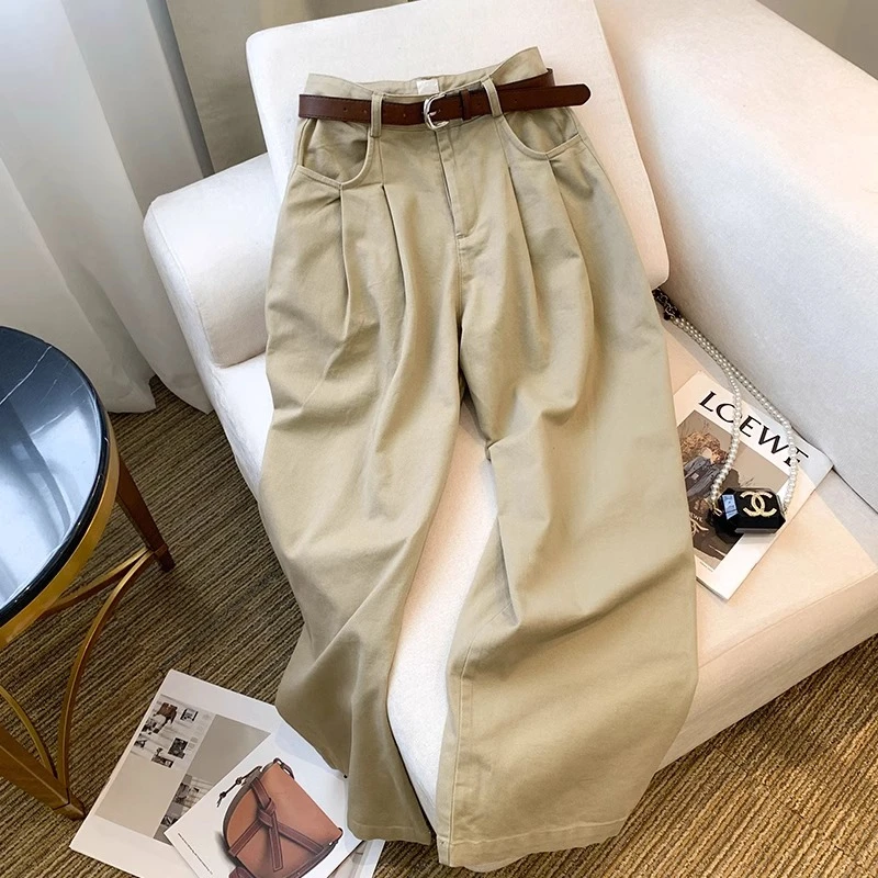 Summer women casual milk coffee white high waist jeans retro pleated wide leg pants loose pants drape mopping trousers