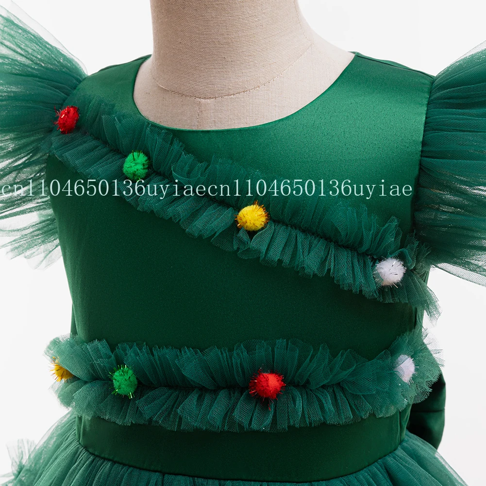 Gaun Putri Tulle Hijau dengan Pita Natal untuk Balita Perempuan, Gaun Pesta Natal Santa Claus untuk Anak-anak, Gaun Formal untuk Pesta Ulang Tahun dan Acara Malam