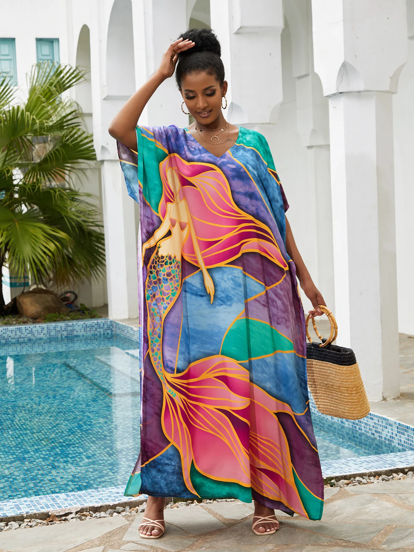 

Beach Cover Ups for Swimwear Mermaid Printed Kaftans for Women Summer Maxi Dresses Holiday Bathing Suits Sales