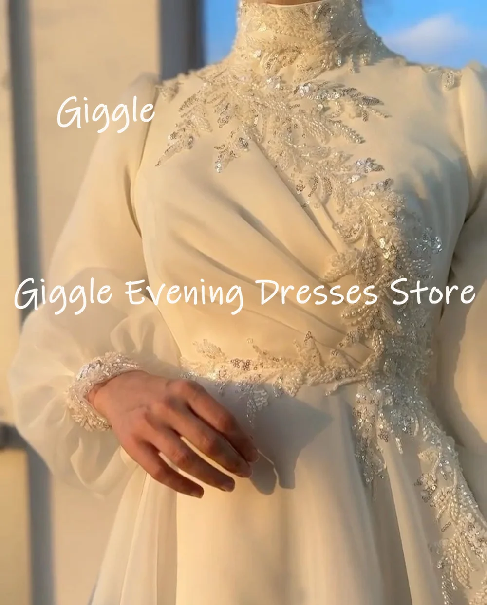 Giggle Sequins Beaded  Long Sleeves High Neckline Luxury Wedding Dresses for Women 2023  Bow Zipper Up A-line  vestidos de novia