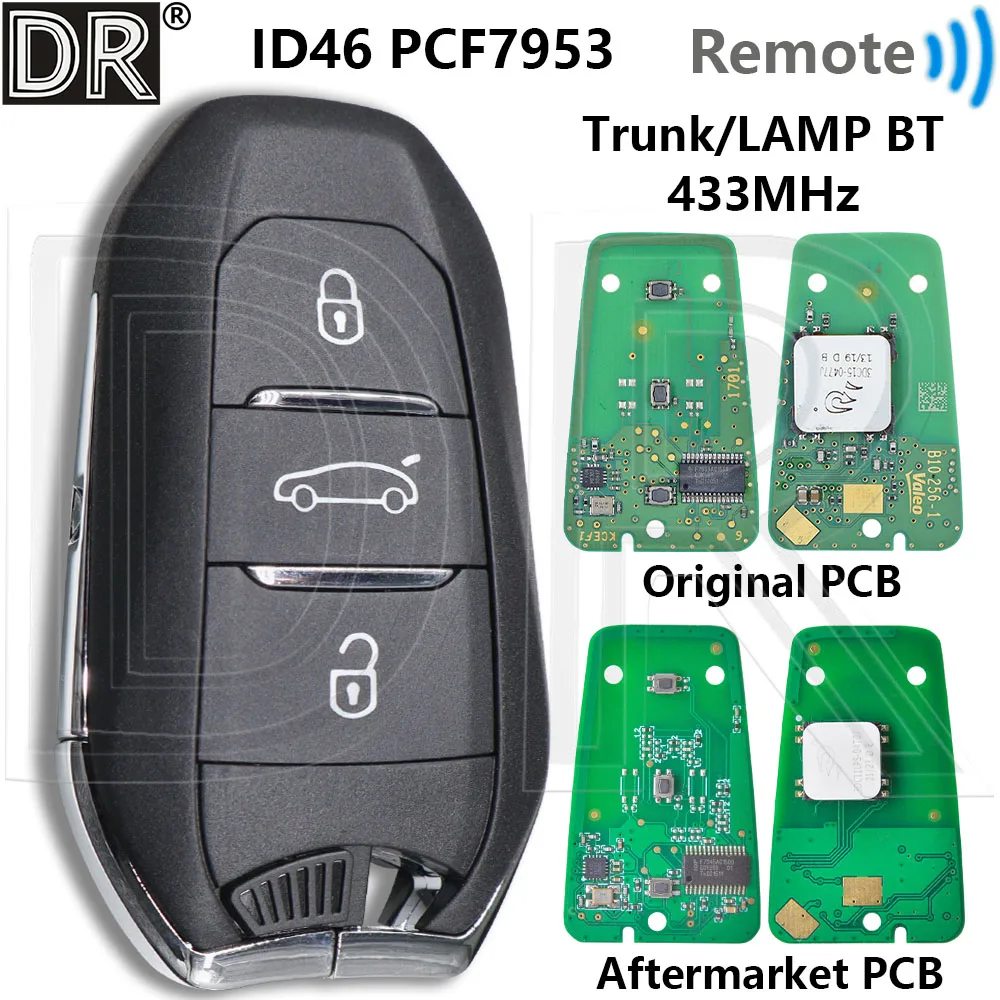 

Отличный чип ID46 PCF7953, 433 МГц, бесконтактный автомобильный дистанционный ключ для Peugeot 308 508 Citroen C4 Picasso DS4 DS5 2010 2012 2014 2015 2016