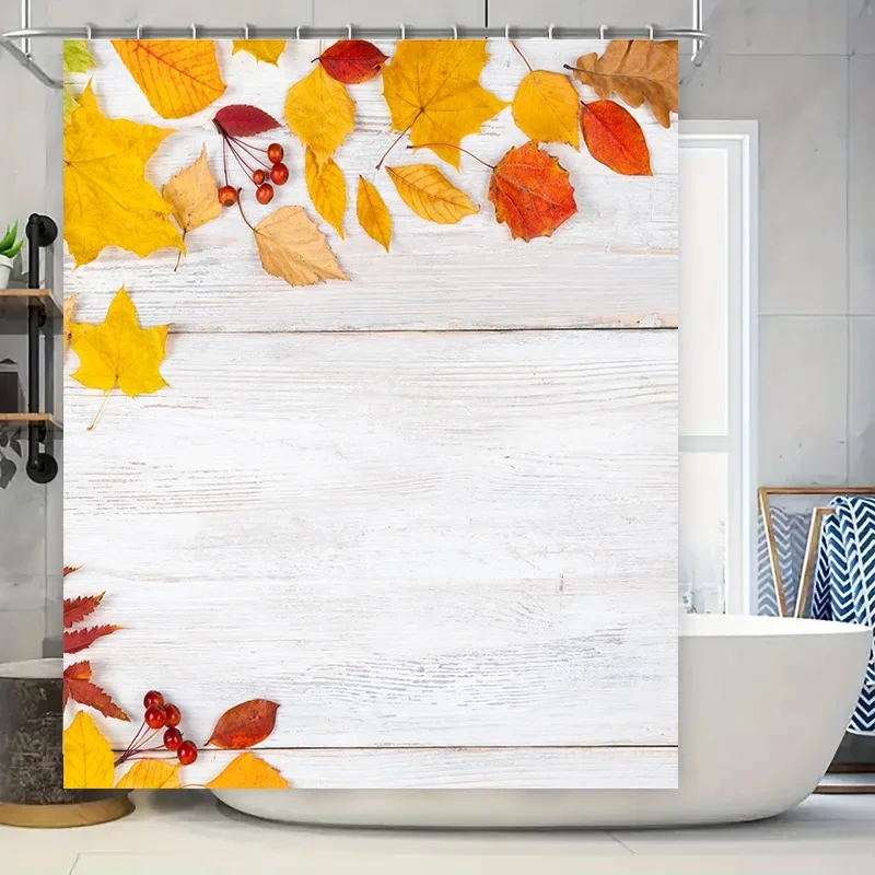 

Autumn Leaves Shower Curtain Waterproof Home Decor Bathroom Window Privacy Screen White Plank Background Leaf Print 72 x 84 inch