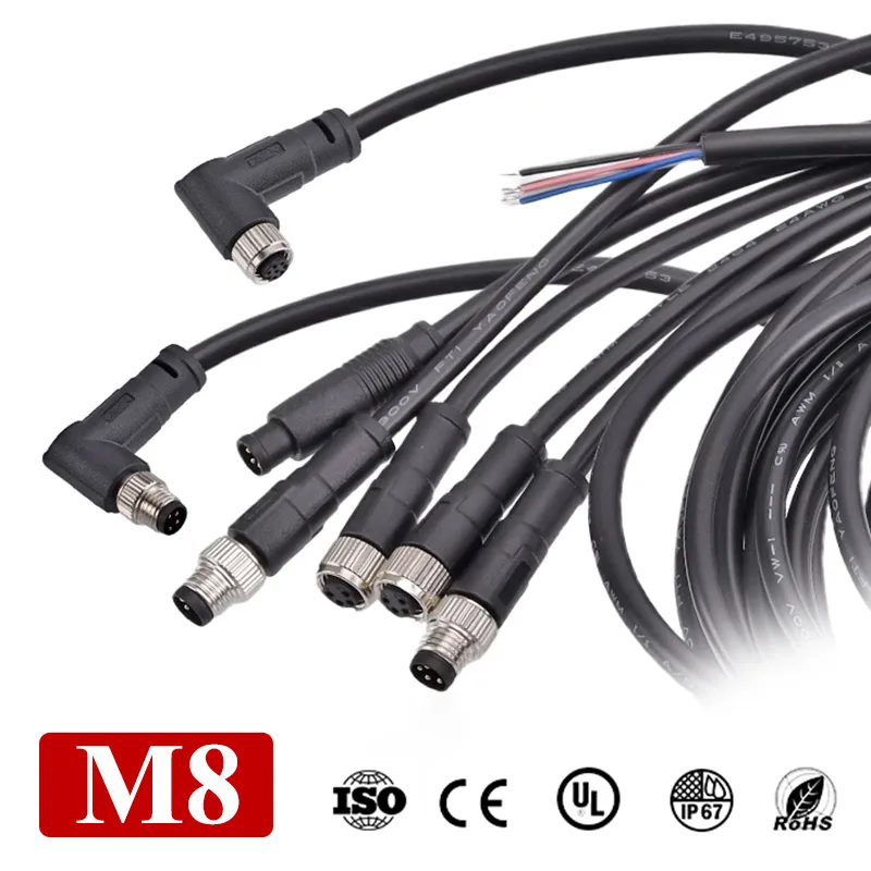 مقاوم للماء M8 كابل موصل محمي 3 4 5 6 8 دبوس سلك توصيل الطيران IP67 3A 30 فولت ذكر أنثى الكوع/رأس مستقيم مع خط