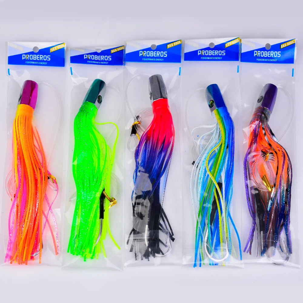 PROBEROS 1pc 85g102g 119g Resin Head Octopus Soft Skirt Lure Deep Sea Boat Fishing Big Trolling Bait for Tuna Wahoo Fast Sinking view 6
