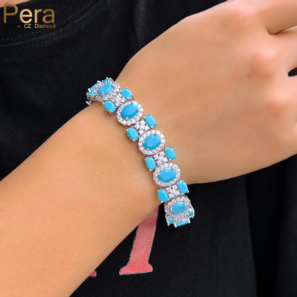 Pera 2024 New Trendy Oval Light Blue Turquoise CZ Silver Color BraceletS Bangles for Women Wedding Bride Hand Gift Jewelry B267