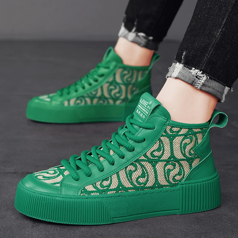 2024 Hot sale Green Men\'s Canvas Shoes Red Fashion Print High top Casual Sneakers Men Spring Breathable Vulcanized Shoes Men