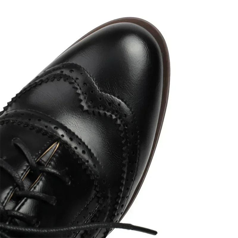 British Flats Women Oxfords Mid Square Heels White Brown Pinked PU Round Toe Brogues Vintage Lace Up Dress Lady Full Wing Shoes - view 5