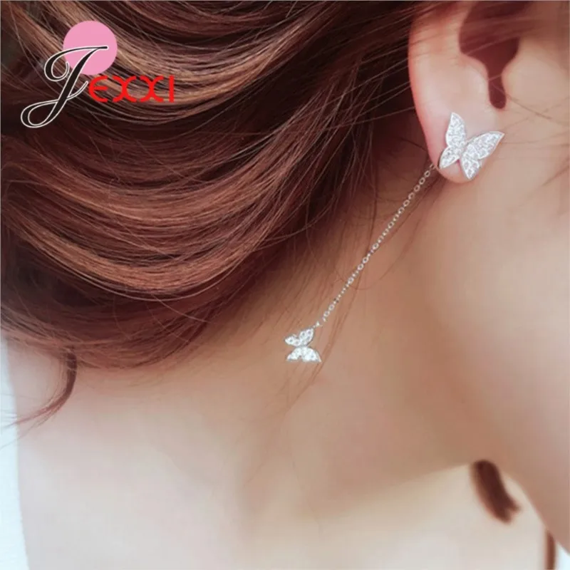 Luxury 925 Sterling Silver Thread Earrings Women Girl Crystal CZ Two Butterflies Brinco Eardrop Jewelry Wholesale Silver Gift