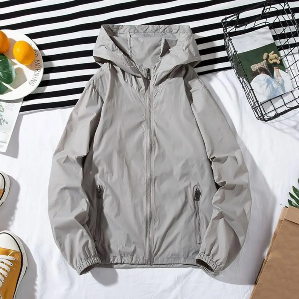 Men Summer Sun Coat Hooded Long Sleeve Zipper Placket Anti UV Jacket Casual Solid Color Outdoor Ice Silk Male Outwear