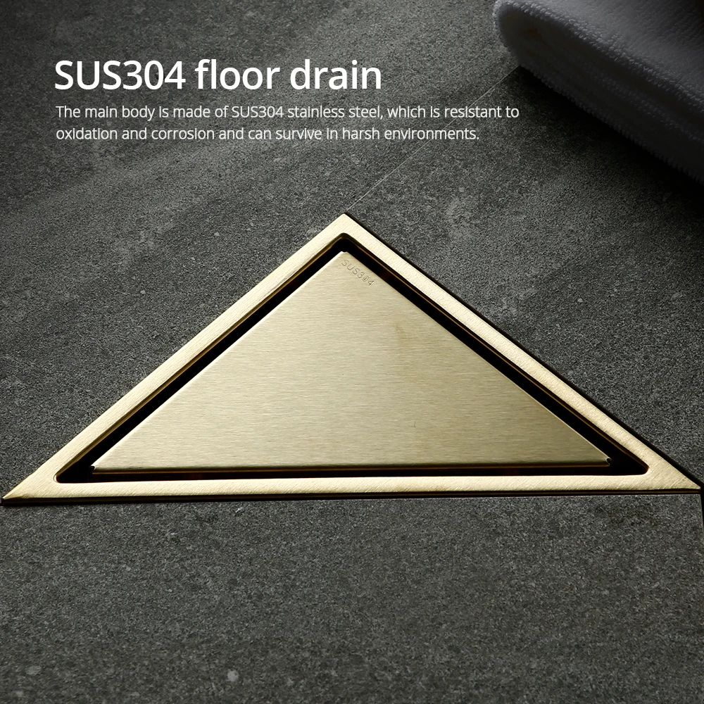 Brushed Gold Drain Siphon Triangle Cover Floor Clean Strainer Rustproof Deodorization Type Stainless Steel Accessories