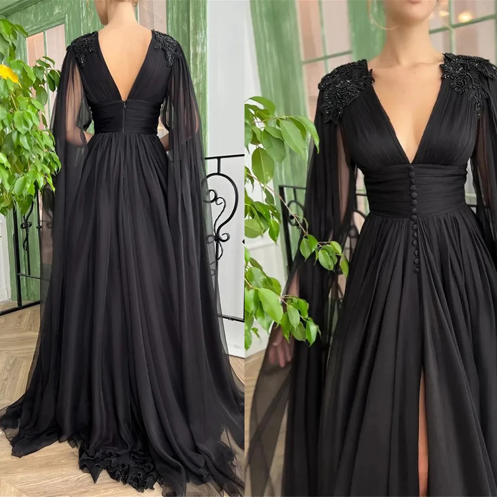 Customized Fashion Pleat elegant V-neck Evening Dress A-line Floor Length Tulle Party Gowns Lace Appliques Black Prom Dresses