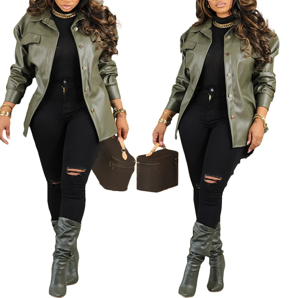 Faux PU หนังผู้หญิงเสื้อเสื้อเปิดลงปกฤดูใบไม้ผลิเสื้อ Y2k Streetwear แจ็คเก็ตเดี่ยว 2025 ทํางานหรูหรา