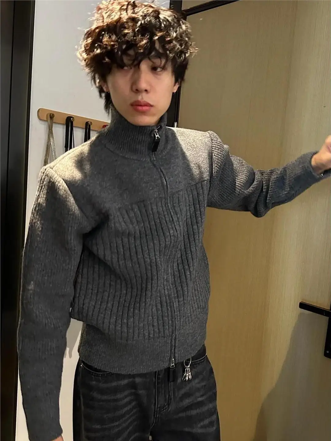 

ay High Collar Open Cardigan Sweater Loose Knitted Outerwear Men Women Autumn Winter Cleanfit Vintage Sle Zipper Detail