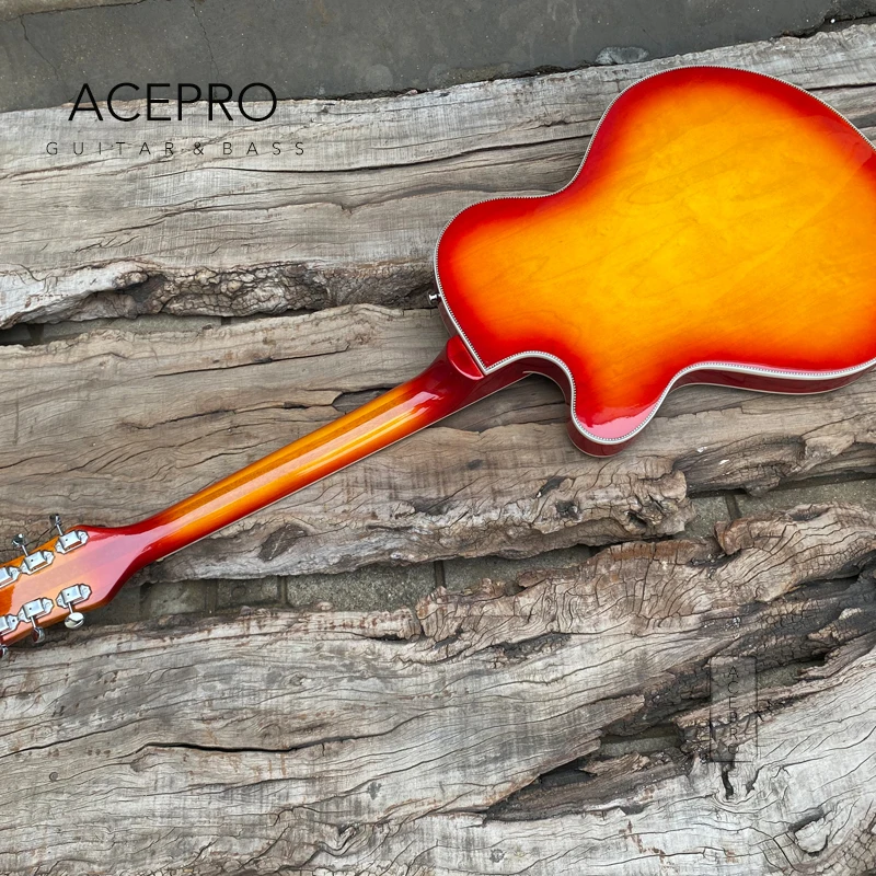 Full Hollow Body 360 370 Electric Guitar,Gold Pickguard, Trapeze Tailpiece, Cherry Burst Color 6 String Guitarra, Free Shipping