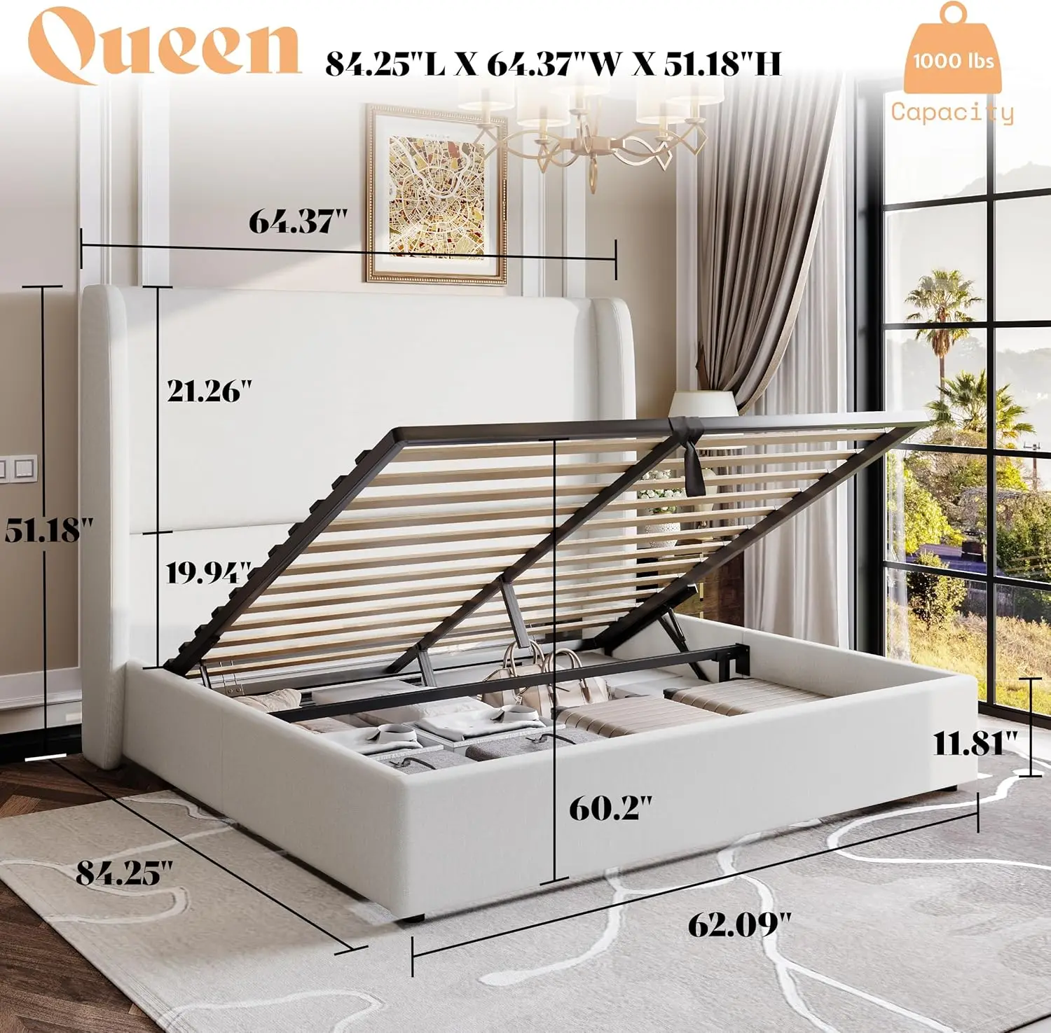 Amerlife Lift Up Storage Bed Queen Size Linen Upholstered Platform Bed Frame, Hydraulic Storage,Modern Wingback Headboard, No