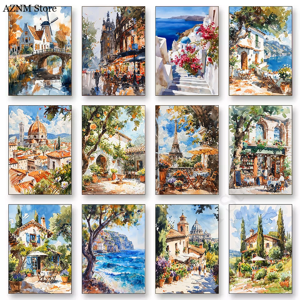 Aquarell-Poster: Europäische Küstenstadt, Französische Straße, Amalfi-Küste Spanien, Leinwanddruck, Wandkunst, Bilder, Heimdekoration-1p