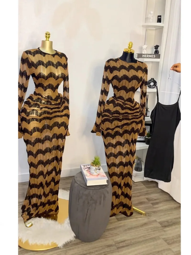 

Women Sexy O-neck Striped Long Sleeve Fashion Bodycon Maxi Long Dress 2025 Holiday Party Cocktail Evening Gown Club Vestido