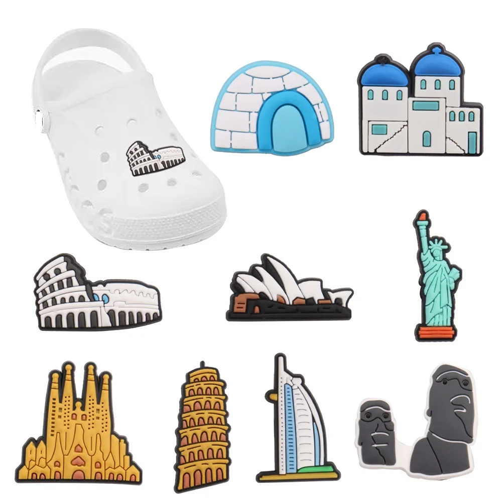 

Mix 50pcs PVC Places of Historic Interest Series Ice Castle Colosseum Statue of Liberty Shoe Charms Accessories Decorations