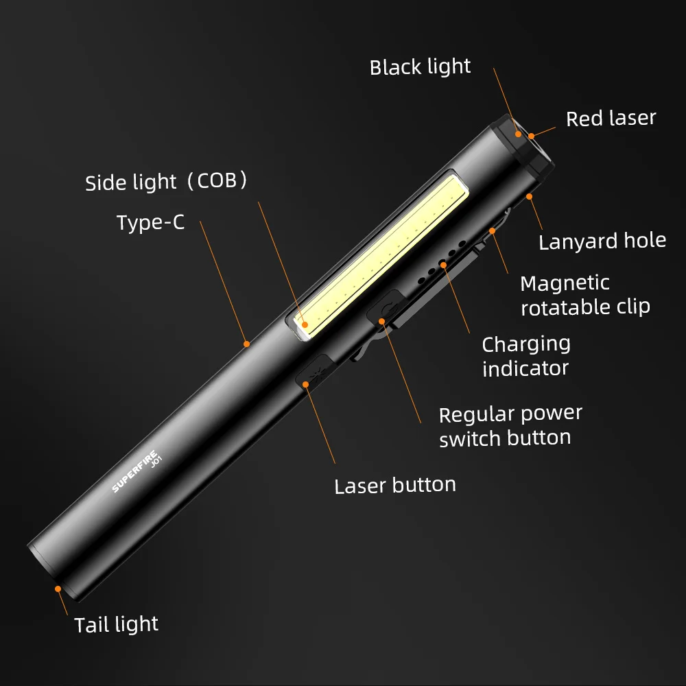 SUPERFIRE J01 LED Flashlight (UV/LED/COB/Red) Portable Pen Torch with Indicator Light Stepless Dimming Lantern