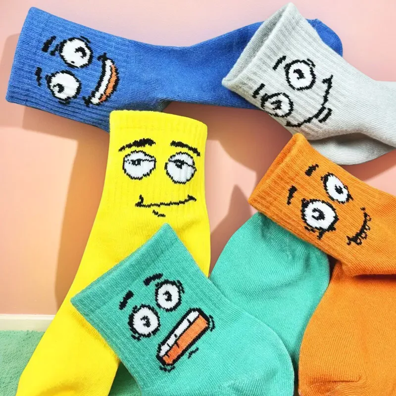5 Pairs Kids Socks Funny Emoticons Face Pattern Comfortable Breathable Ankle Socks For Boys And Girls