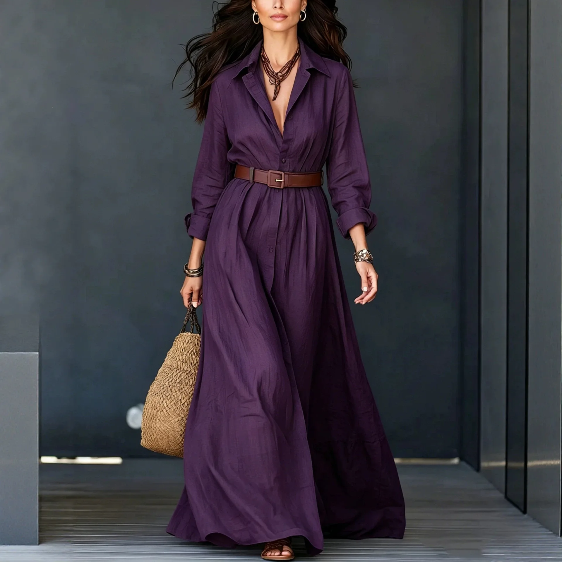 2026 Autumn. Collection: Women’s Cotton And Lines Shirt Dress, Featuring A Mandarin Necklace Long Sleeves, A Fixed Waist, And A