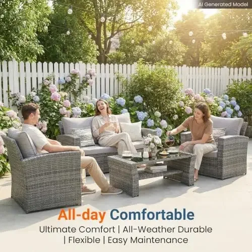 Patio Furniture Set, 5 Pieces Wicker Outdoor Furniture for All Weather, Patio Sofa with High Backrest Support and Wide