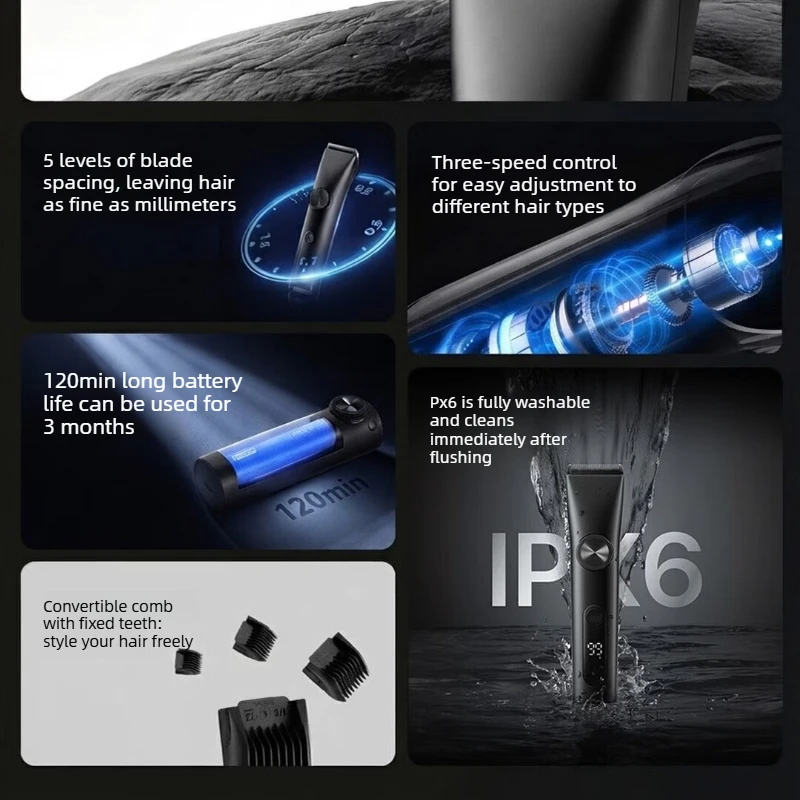 Professional Hair Clipper 3 Speed 5 Length IPX6 Waterproof Digital Display Rechargeable Trimmer for Family Home Salon Use 전기 이발기