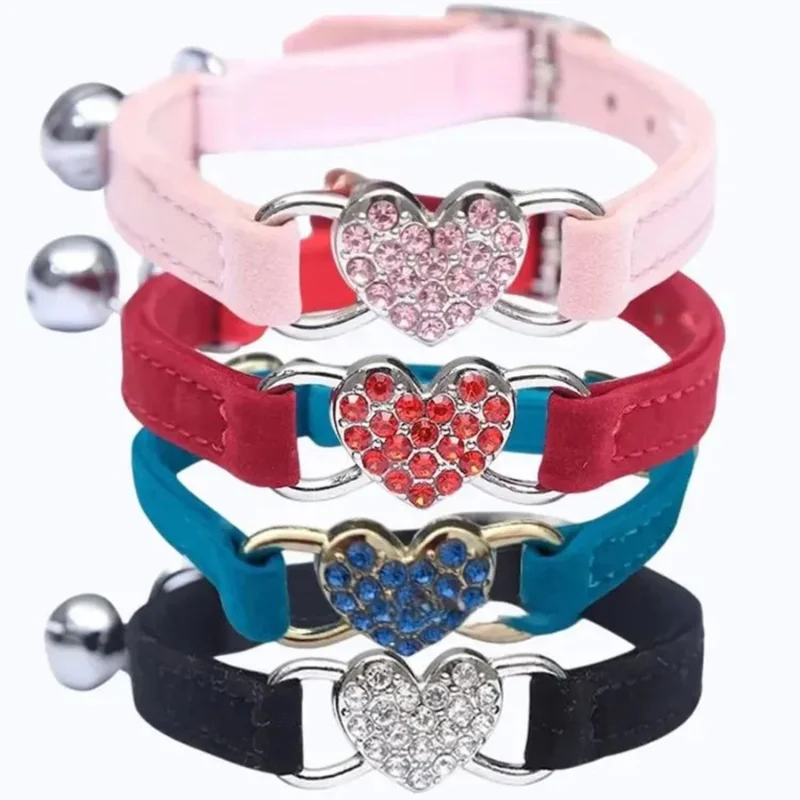 New Cute Heart Bell Pet Cat Collar Adjustable Seven Color Flocking Material Puppy Collar   Pet Products Safety Pet Cat Collar