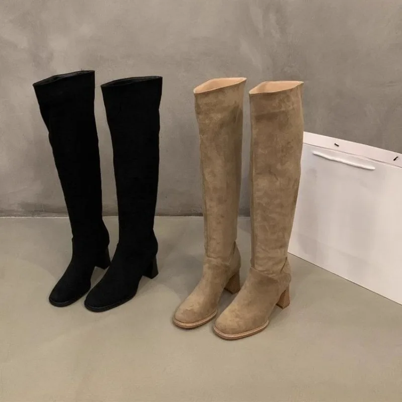 

Pleated Temperament Versatile Suede High-heeled Boots Autumn and Winter New Square-toe Square-heel Sleeve Long Boots