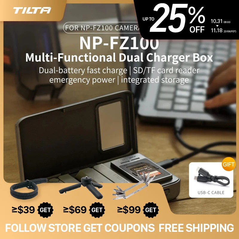 TILTA NP-FZ100 Charger All-In-One Recharge Companion for NP-FZ100 SD TF Card Reader Dual Charger for Sony A7M4 A7C2 A7M5 ZV-E10