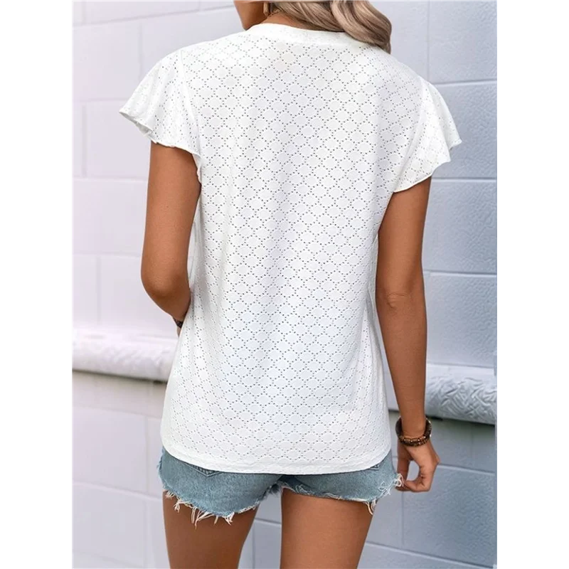 

【SEE】Womens Tops Dressy Casual Knit Eyelet V Neck T Shirts Ruffle Short Sleeve Blouses For Women
