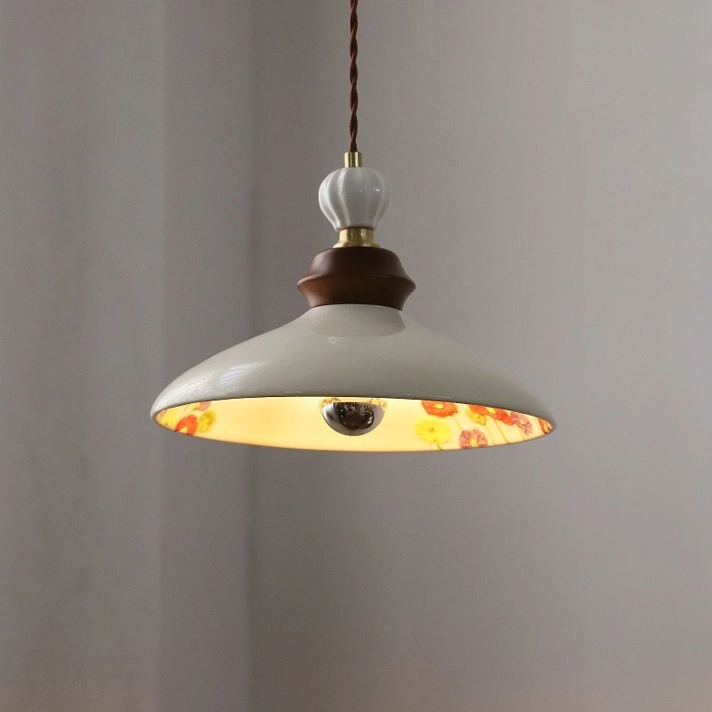 Hand-painted Floral Ceramic Pendent Lamp, Cream-style French Restaurant Entrance Bar Counter Hallway Lighting Fixture