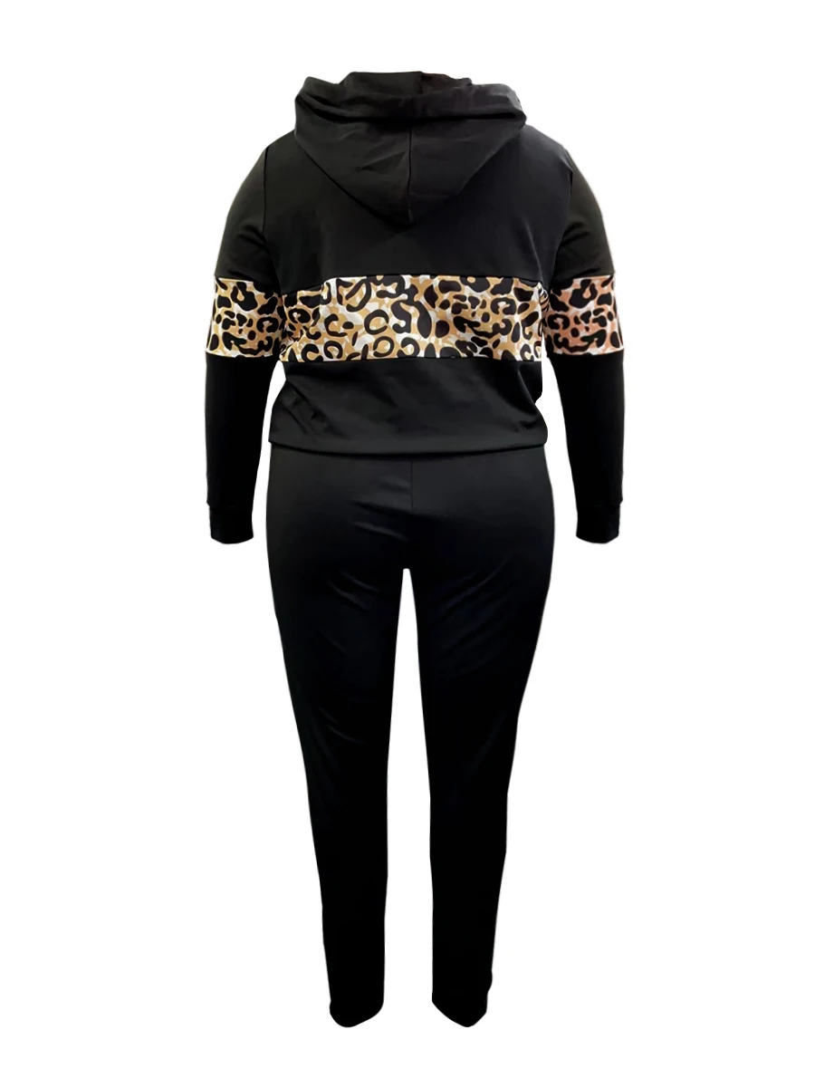 LW Plus Size Autumn Two pieces set long sleeve Hooded Collar Leopard Print Hoodie top & pants suit winter casual Tracksuit Set