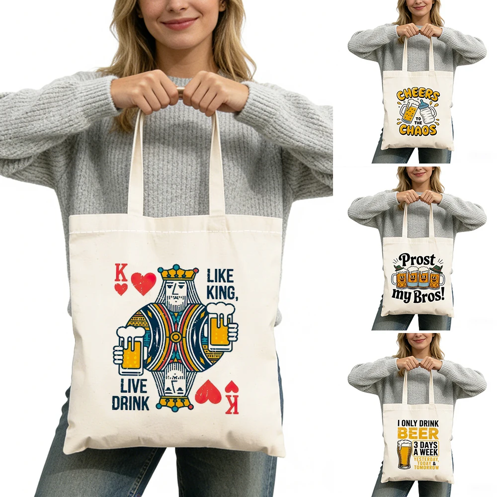 

Cartoon King Beer Lady Shopping Tote Bag Large Capacity Royal Drink Style Women Daily Use Satchel Double Print Girl Shopper Bags