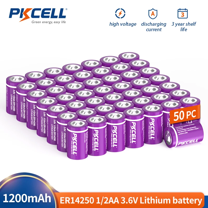 

50PCS PKCELL 3.6V lithium battery 1/2 AA ER14250 Non-rechargeable batteries gas meter , Toy Alarm Window Sensor cell